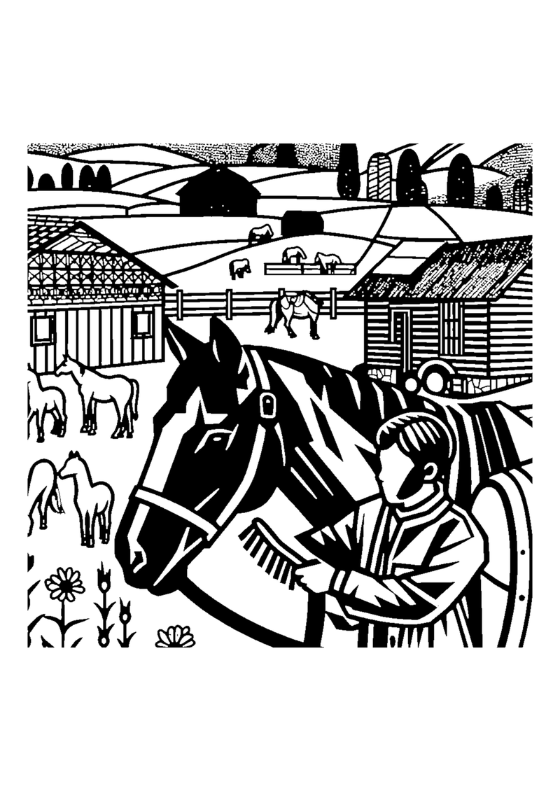 Mädchen bürstet Pferd