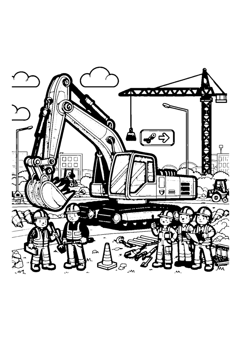 Bagger und Bauarbeiter